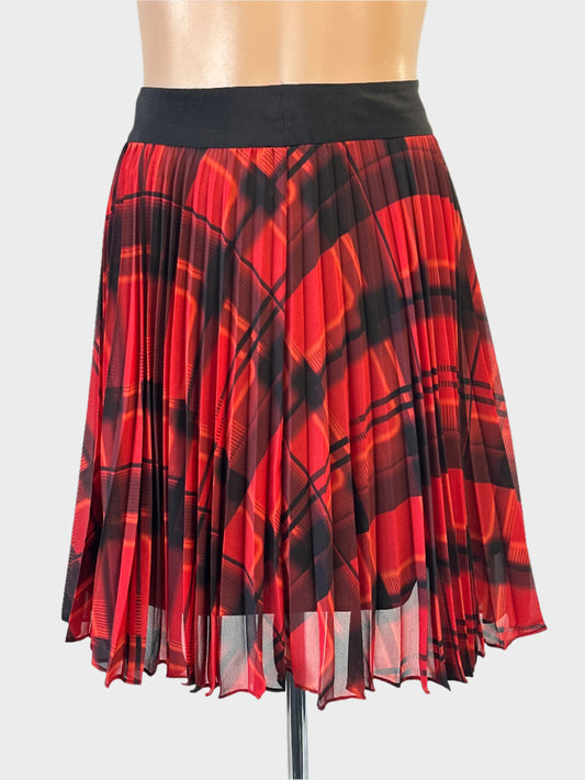 Designer Karen Millen skater skirt in red and black with tartan check and contrasting waistband for office or smart casual wear.