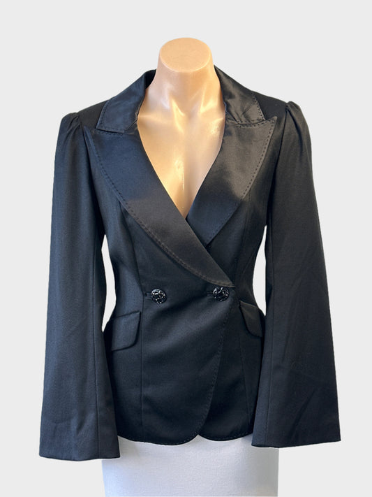 Designer Kay Unger black wool jacket with satin lapels and bell sleeves for formal or evening wear.