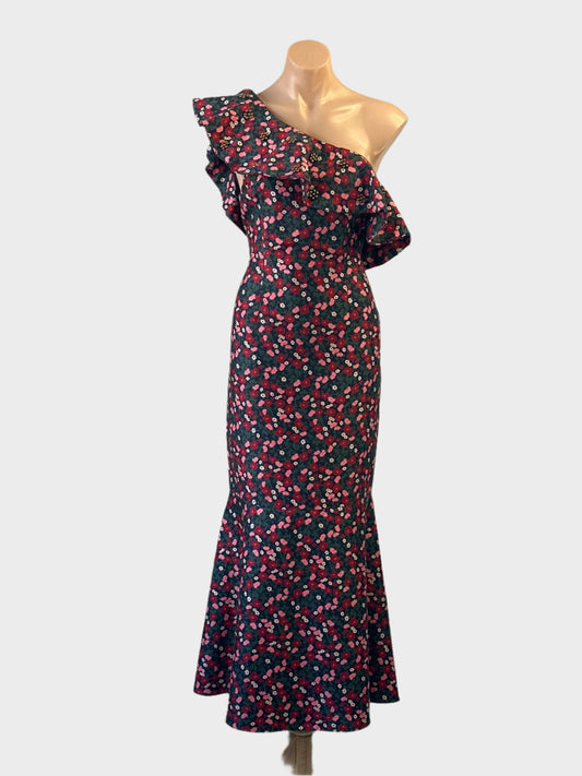 Designer Keepsake floral gown in navy and pink with mermaid skirt and beaded shoulder ruffle for formal or evening wear.