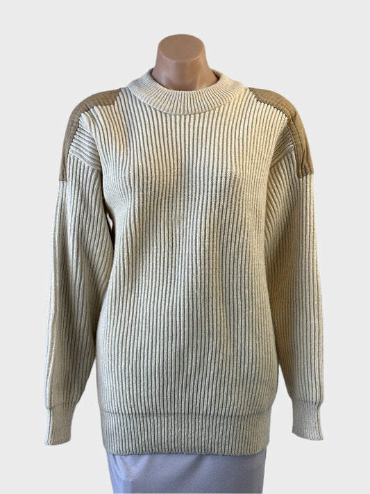 King Island Naturals knit sweater in cream and beige wool with suede patches for smart casual wear.