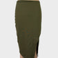 Designer KOOKAI green tube skirt in jersey with contour waist, slanted hem, and front slit for smart casual wear.