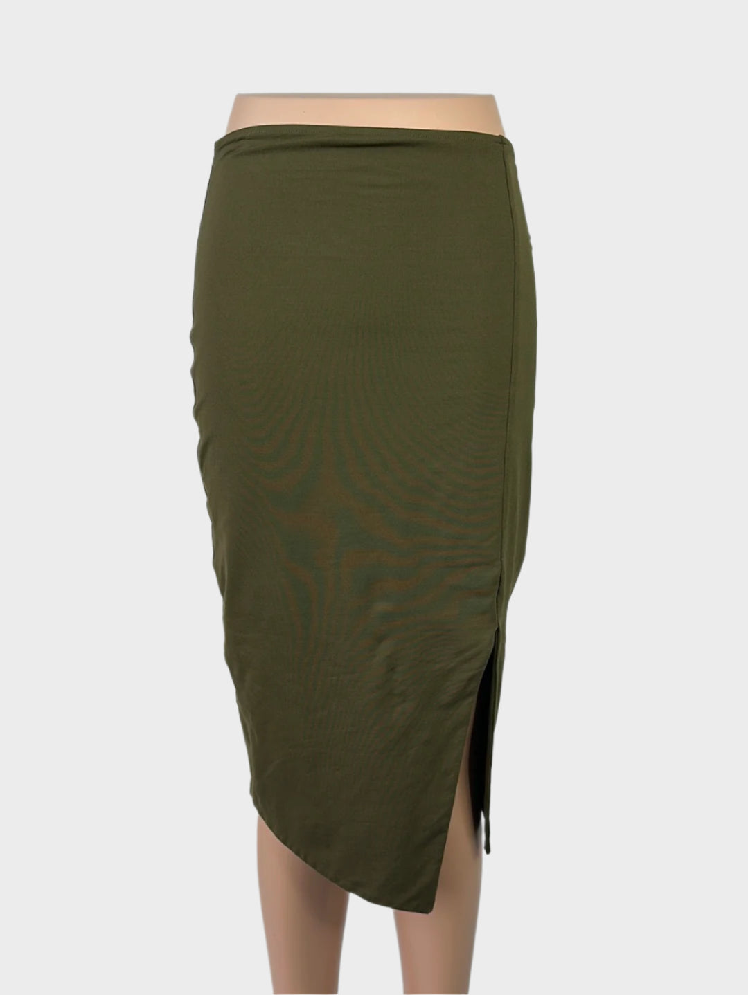 Designer KOOKAI green tube skirt in jersey with contour waist, slanted hem, and front slit for smart casual wear.