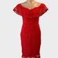 KOOKAI off the shoulder sheath dress in red with flounce neck and back vent for formal or evening wear.
