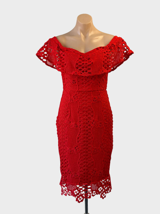 KOOKAI off the shoulder sheath dress in red with flounce neck and back vent for formal or evening wear.