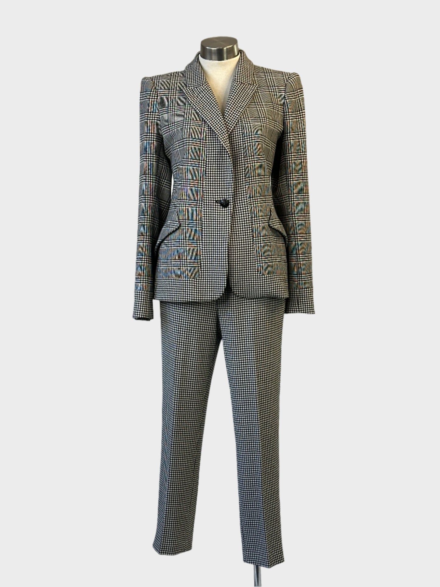 Designer L’AGENCE pants and jacket set in black and white checks and houndstooth for office wear.