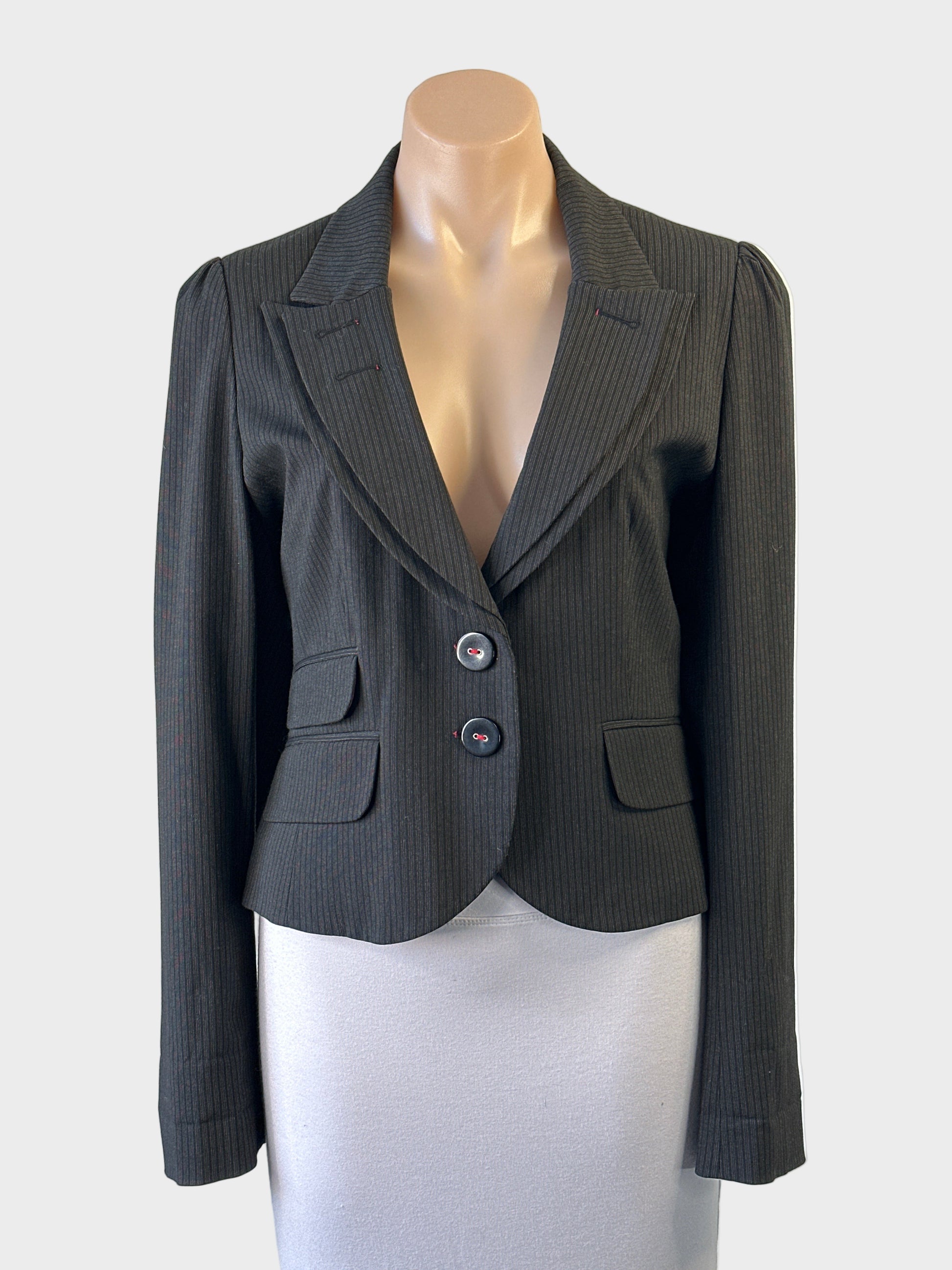 L’Art de River Island storm grey pinstripe single breasted jacket with layered lapels, flap pockets and twin back vents for office wear