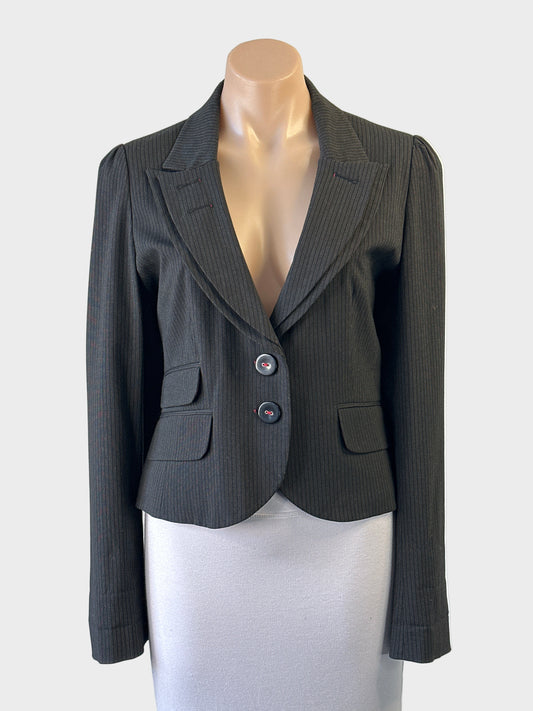 L’Art de River Island storm grey pinstripe single breasted jacket with layered lapels, flap pockets and twin back vents for office wear