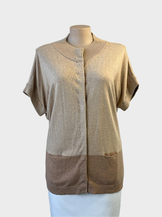 Designer Laura Ashley knit cardigan in beige with contrasting hip panel and press studs for smart casual or office wear.