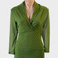Designer Laura Ashley top in green and white polka dot mesh with shawl collar for office or smart casual wear.