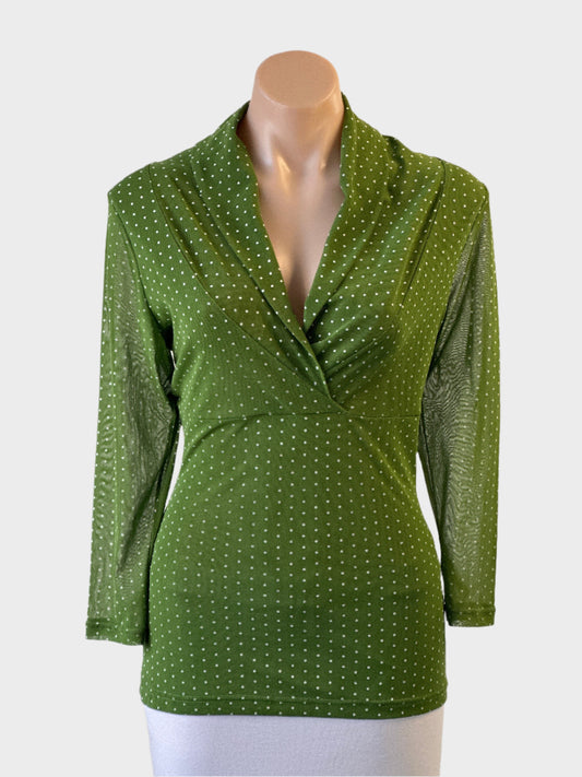 Designer Laura Ashley top in green and white polka dot mesh with shawl collar for office or smart casual wear.