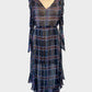Designer Lee Mathews maxi dress in sheer plaid silk with leg of mutton sleeves, gathered back yoke and high low ruffle hem for evening wear.