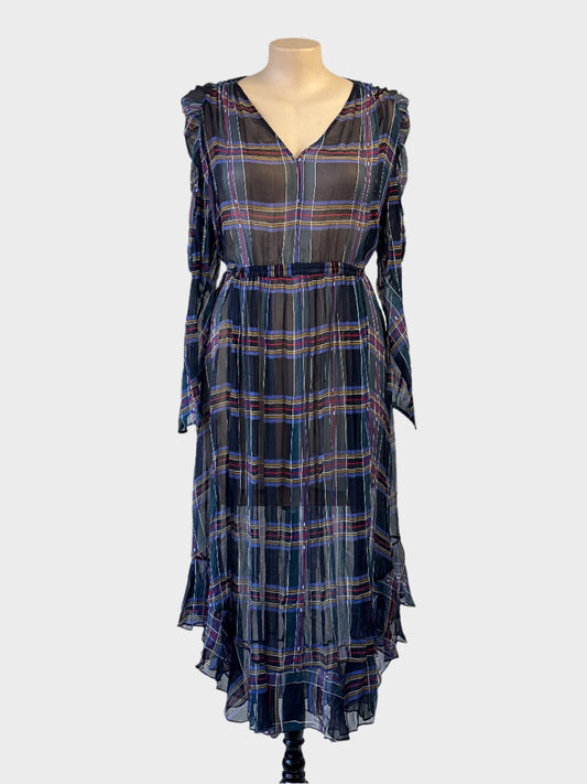 Designer Lee Mathews maxi dress in sheer plaid silk with leg of mutton sleeves, gathered back yoke and high low ruffle hem for evening wear.