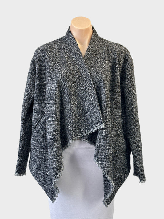 Designer Lee Mathews open front jacket in grey with fringe trim and jetted pockets for weekend or smart casual wear.