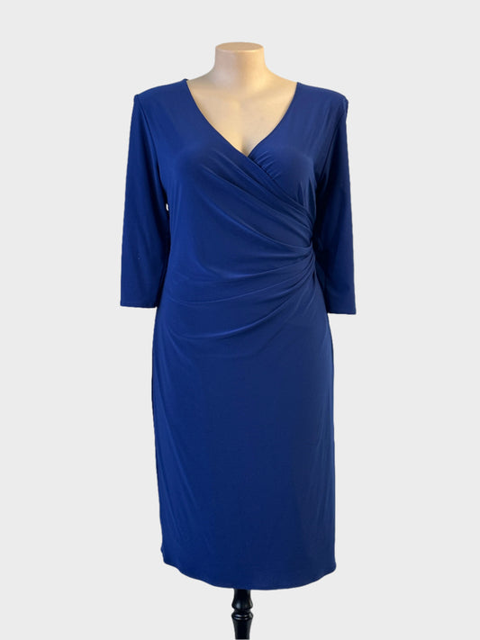 Designer Leina Broughton sheath dress in blue jersey with ruched waist for special events or evening wear.