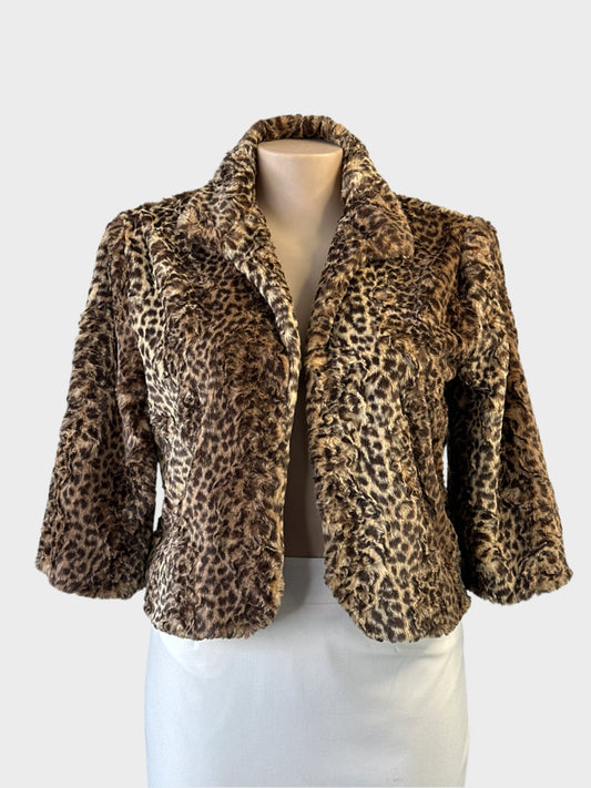Lemonade on the Lawn retro 60’s faux fur coat in leopard print with open front and cropped silhouette for evening wear.