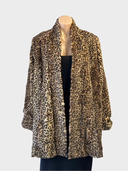 Lemonade on the Lawn brown leopard print faux fur coat with shawl lapels and side vents for smart casual or evening wear.