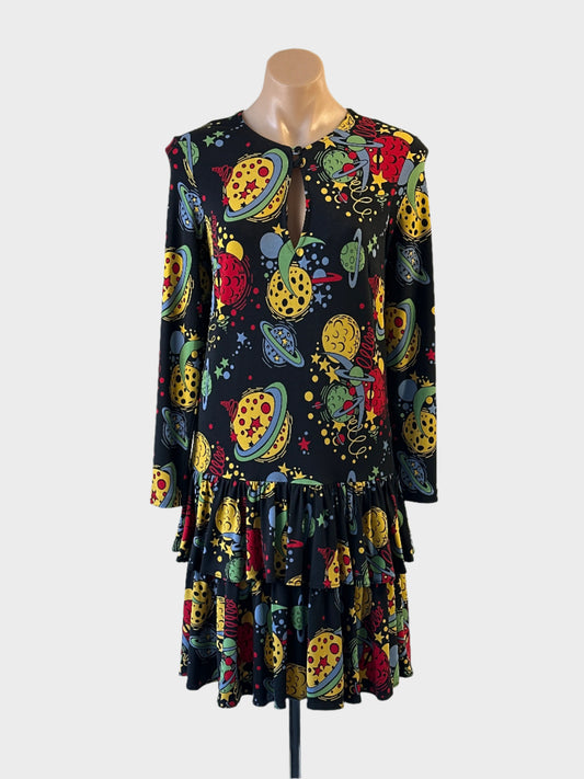 Designer Leona Edmiston drop waist dress in multicoloured space print with ruffle skirt for evening or smart casual wear.