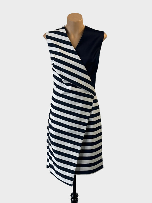 Designer Life with Bird striped dress in navy and white with contrast panel and back zip for office or special events wear.