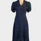 Lily Whyt A-line dress in navy blue with puff sleeves and flared skirt for office or smart casual wear.