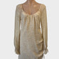 Designer Little Joe Woman asymmetric shift dress in beige and gold paisley print with metallic gold flocking for smart casual or evening wear.