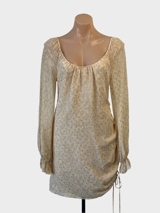 Designer Little Joe Woman asymmetric shift dress in beige and gold paisley print with metallic gold flocking for smart casual or evening wear.