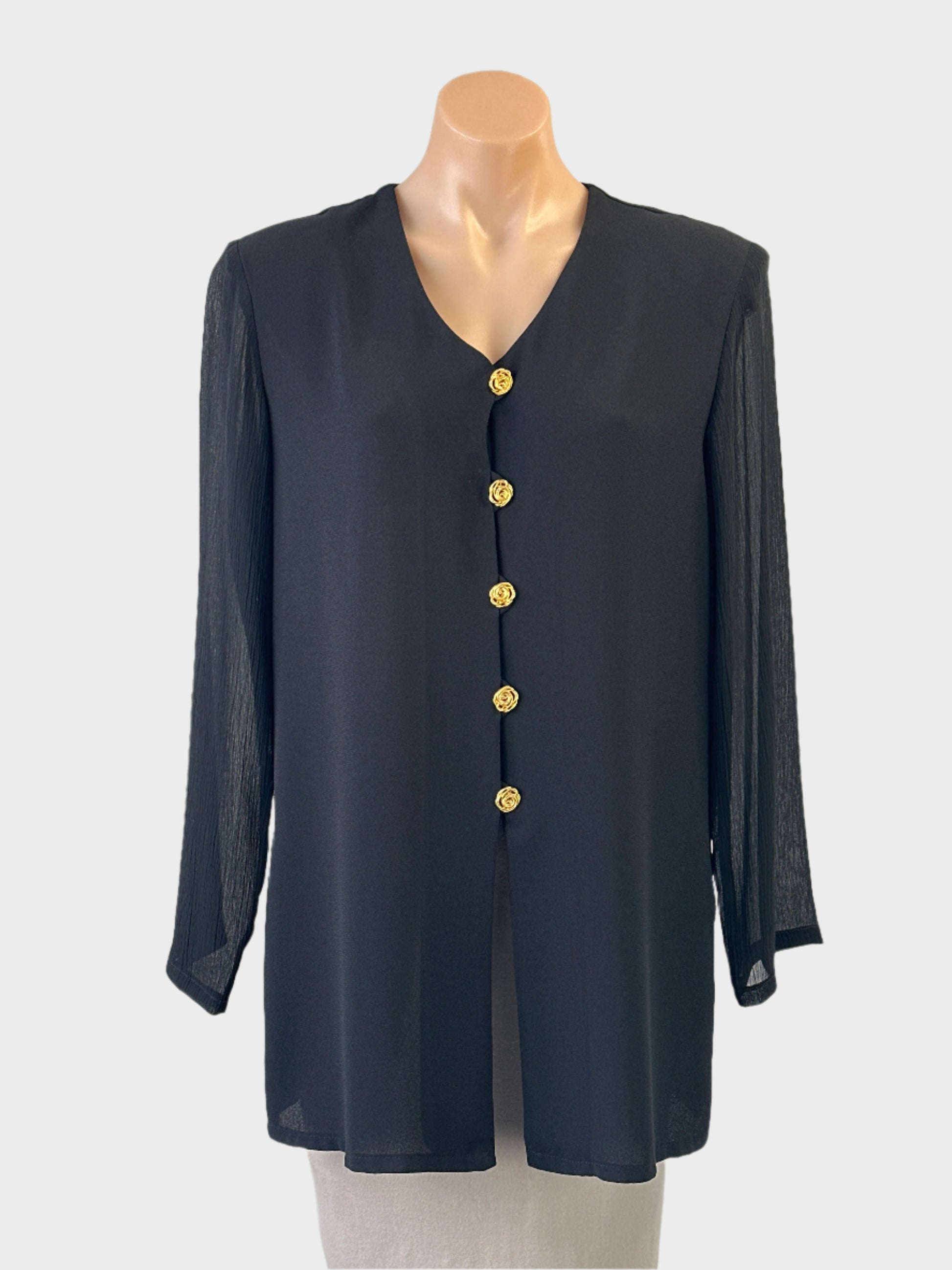 Liz Jordan single breasted jacket in black with sheer sleeves and gold buttons for office or evening wear.