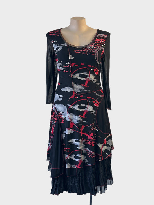 Designer L'Officiel New Zealand black and red drop waist dress with mesh overlay and flared crinkle skirt for evening wear.