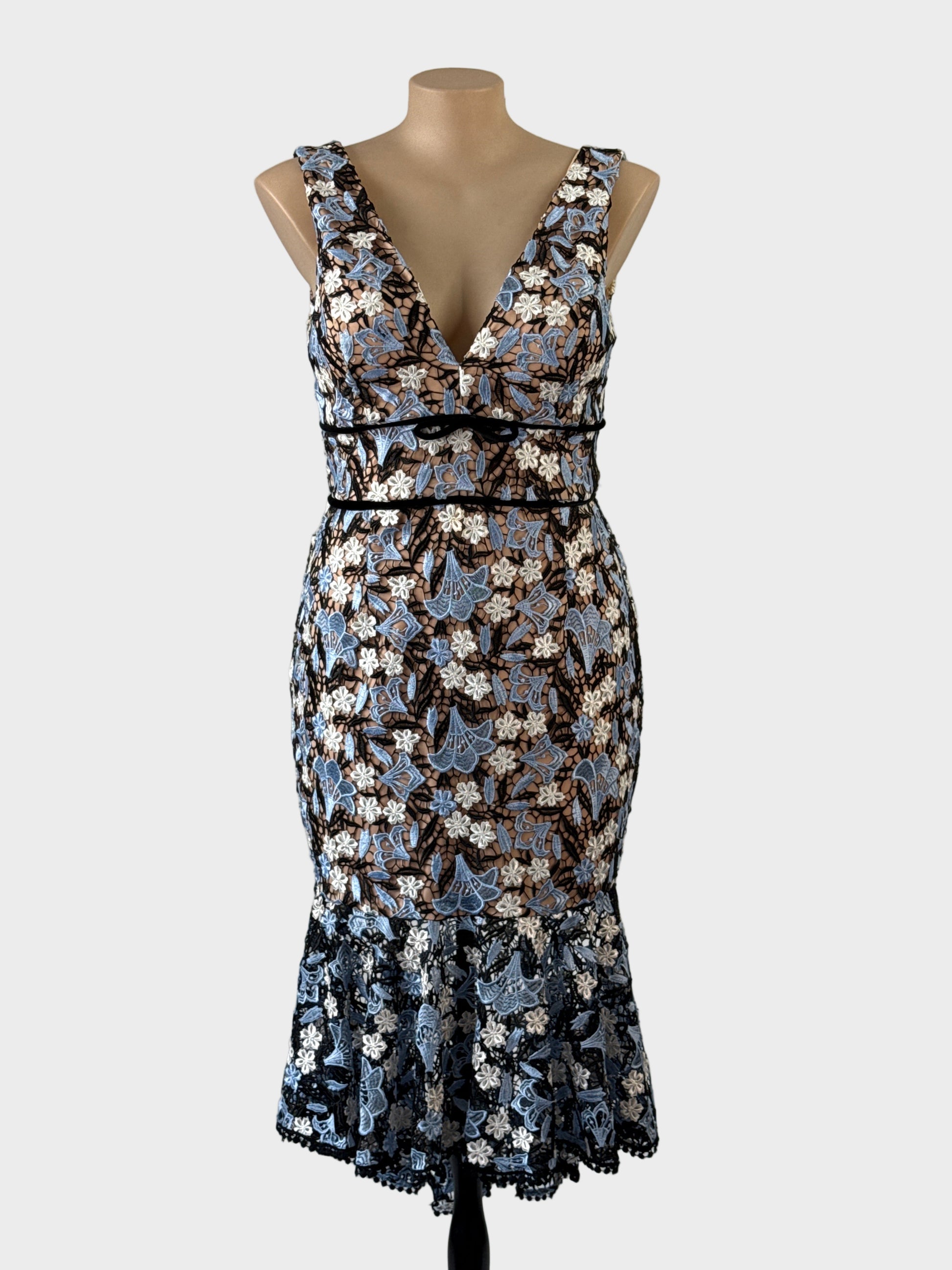 Designer Love Honor blue guipure lace sleeveless mermaid gown with v-neck and yoke waist trim for formal or special events