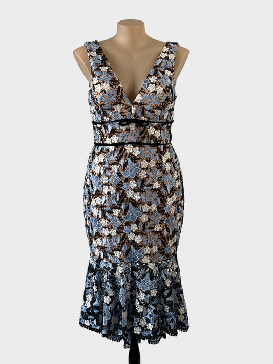 Designer Love Honor blue guipure lace sleeveless mermaid gown with v-neck and yoke waist trim for formal or special events