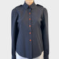 Designer Lover steam punk style shirt in grey pinstripe with epaulettes for office or smart casual wear.