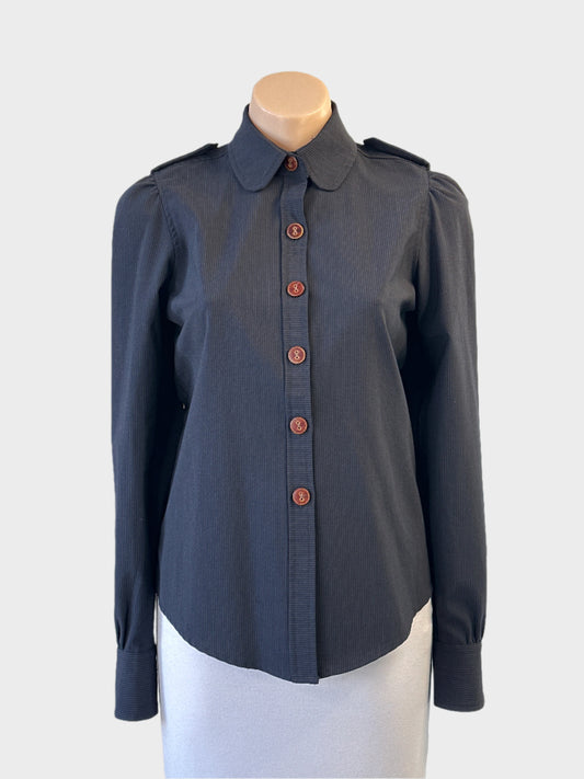 Designer Lover steam punk style shirt in grey pinstripe with epaulettes for office or smart casual wear.