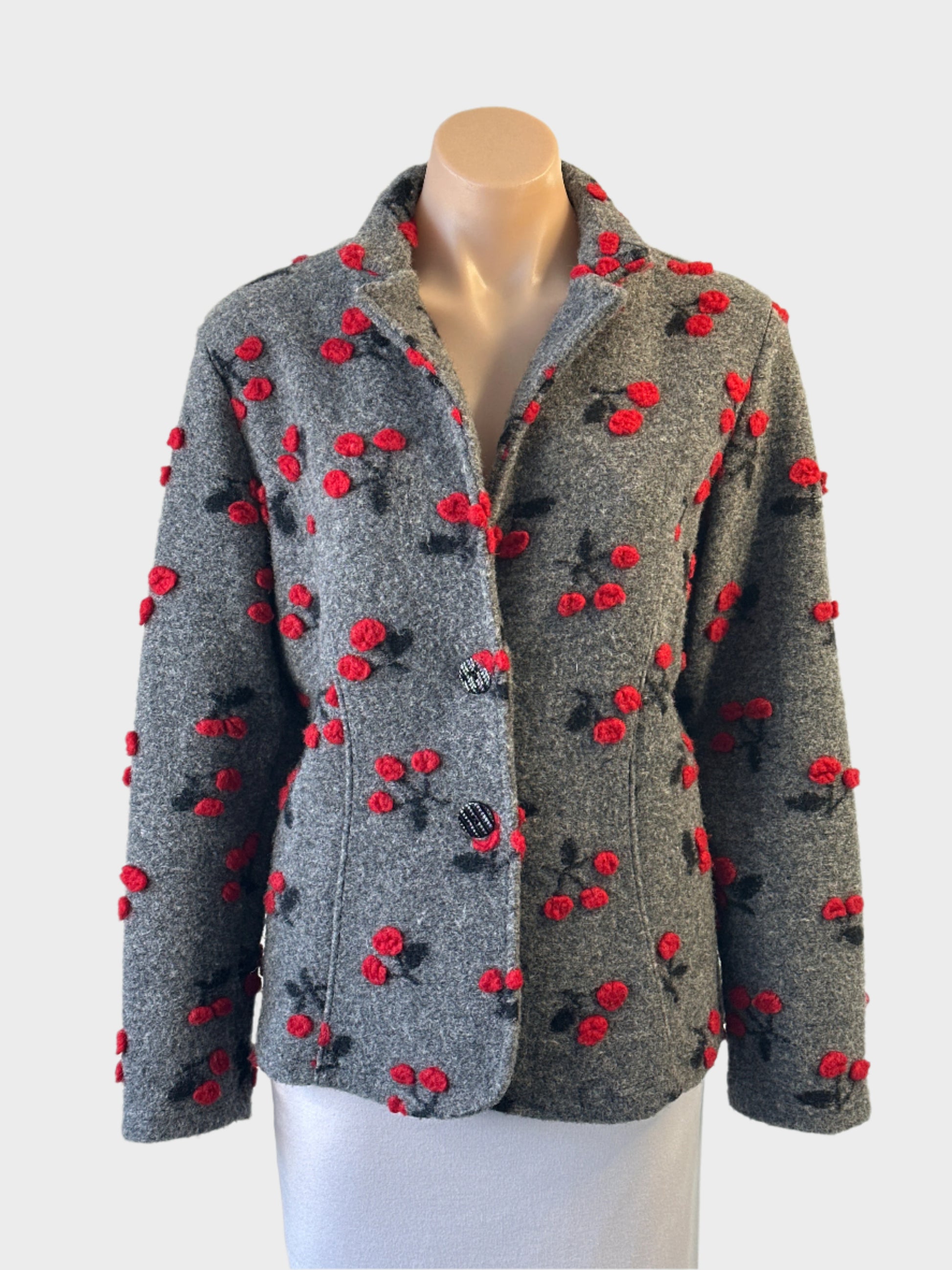 L S Collection grey and red single breasted jacket in textured weave with felted cherries for smart casual wear.