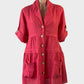 Designer Made in Italy shirt dress in pink linen with coconut shell buttons, band collar and gathered skirt for smart casual or resort wear.