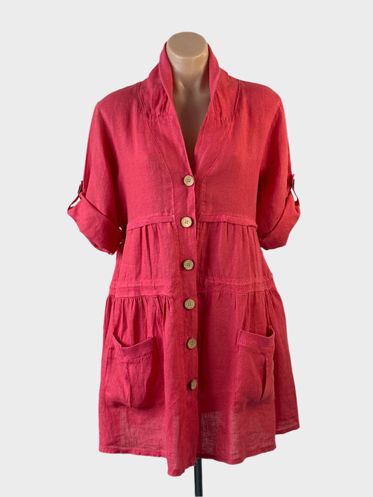 Designer Made in Italy shirt dress in pink linen with coconut shell buttons, band collar and gathered skirt for smart casual or resort wear.