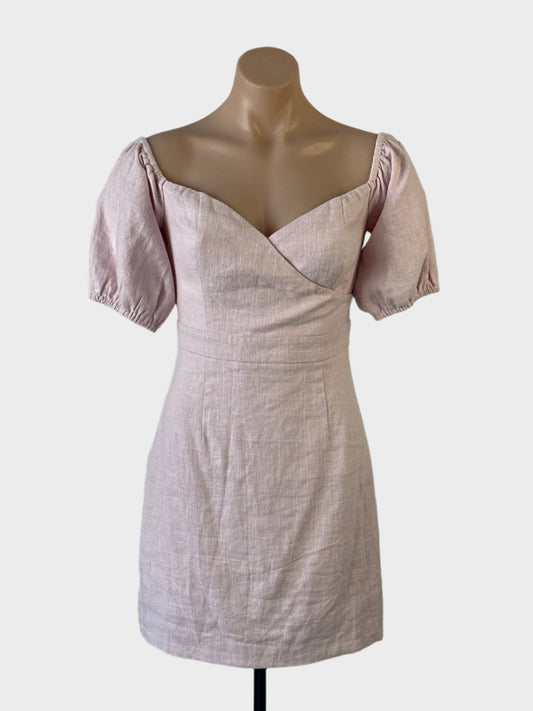 Madison The Label off the shoulder dress in pink linen cotton blend with puff sleeves, surplice neck and straight skirt for special events or smart casual wear.