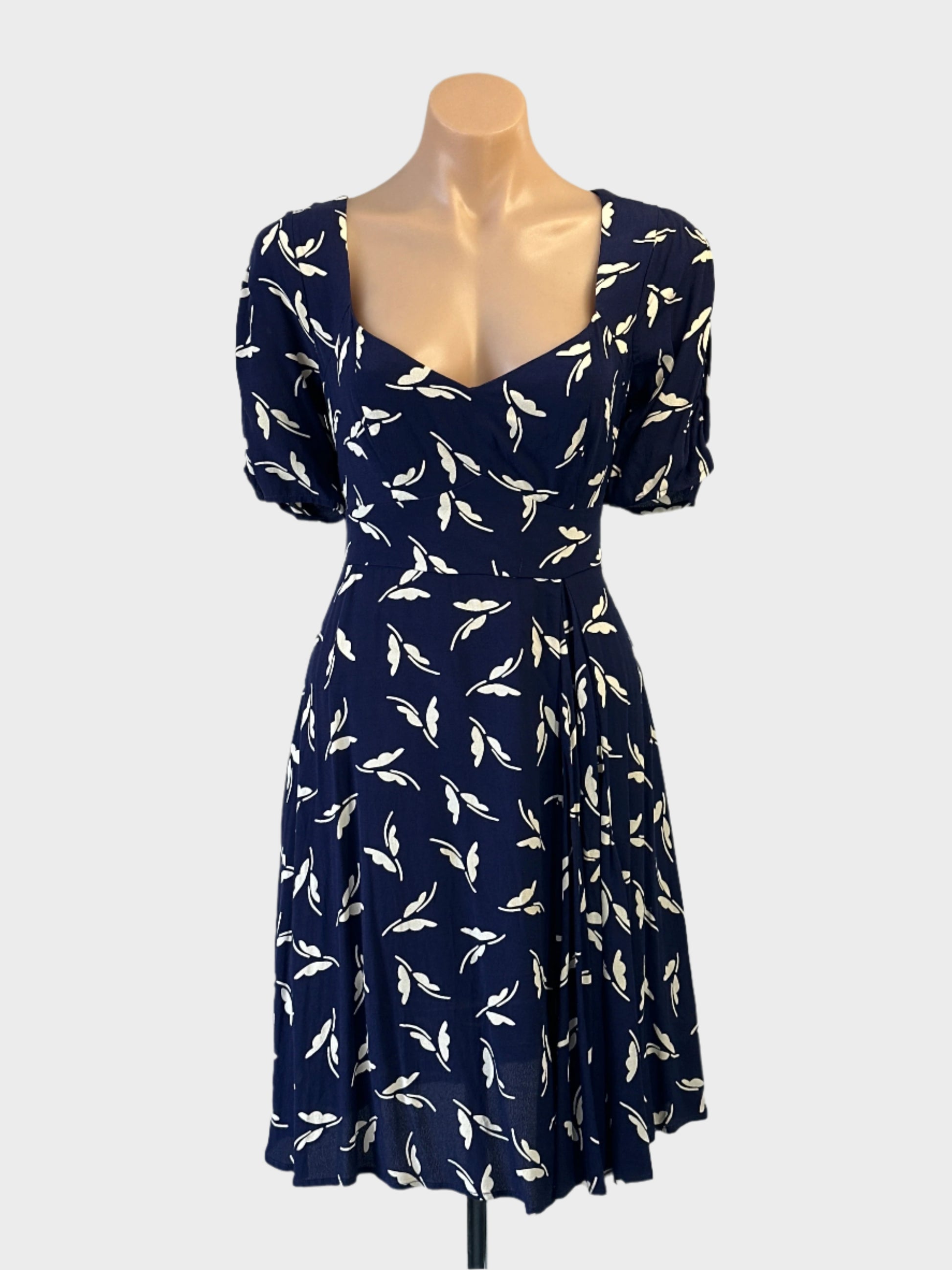 Maeve retro 40's swing style A-line dress in navy and white botanical print for special events or smart casual wear.