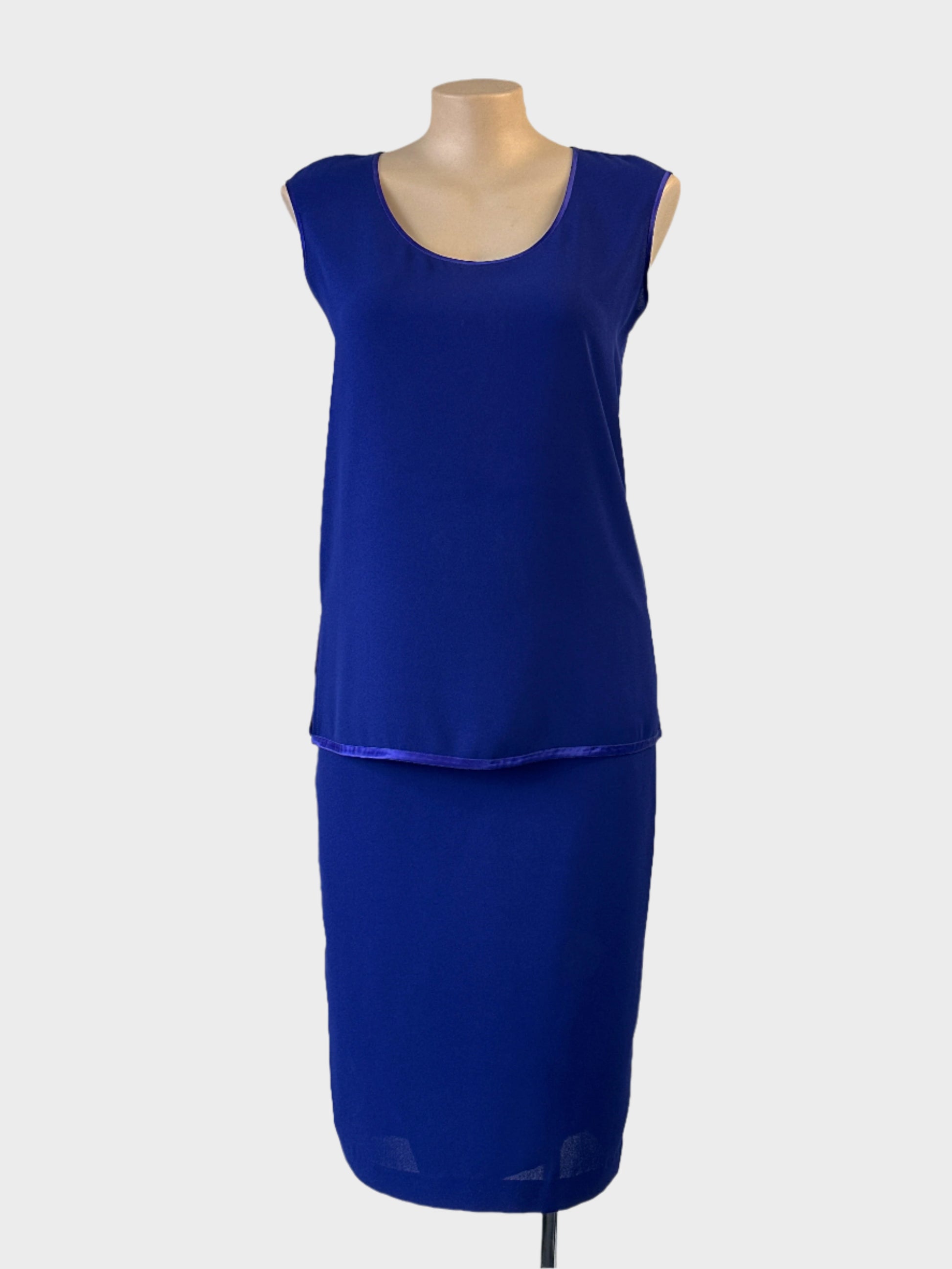 Designer Maggie Shepherd two piece set in blue with satin trim and straight skirt for office or special events wear.