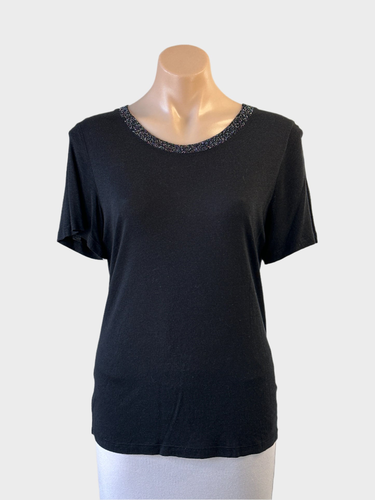 Maje black jersey t-shirt top with metallic rib trim and short sleeves for office or smart casual wear.