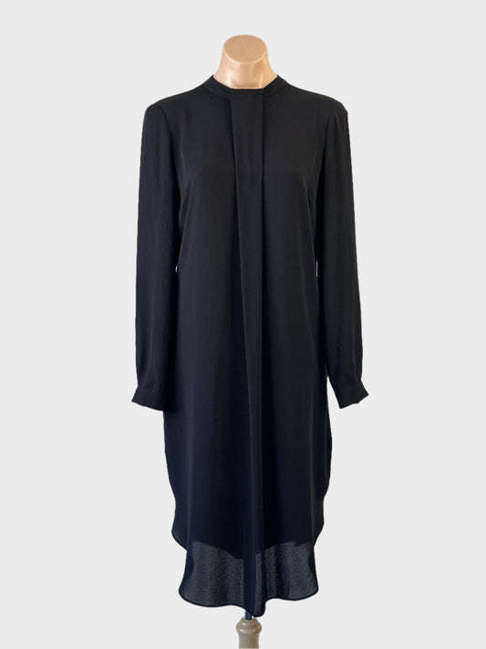 Designer Malene Birger black dress with pleated front drape and open back for smart casual or evening wear.