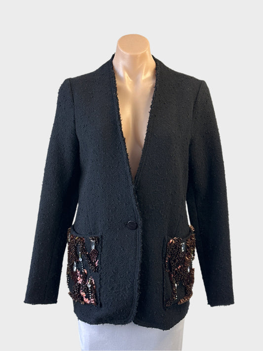 Malene Birger designer jacket in black with boucle weave and sequin beaded pockets for evening wear.