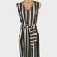 Marco Polo sleeveless shift dress in black and metallic striped print with v-neck and front tie waist sash for office wear.