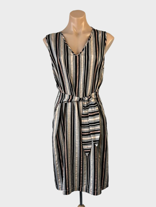 Marco Polo sleeveless shift dress in black and metallic striped print with v-neck and front tie waist sash for office wear.