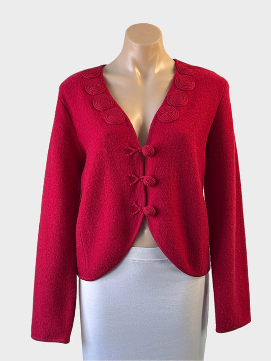 Marco Polo cardigan in red wool with appliqué spirals and decorative buttons for smart casual or office wear.