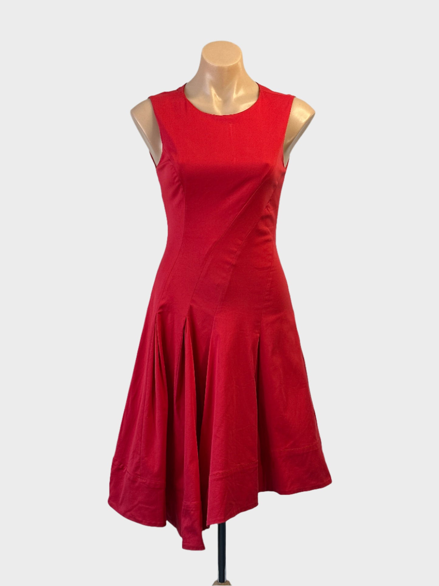 MARCS sleeveless A-line dress in red with contouring slanted panels for office or smart casual wear.