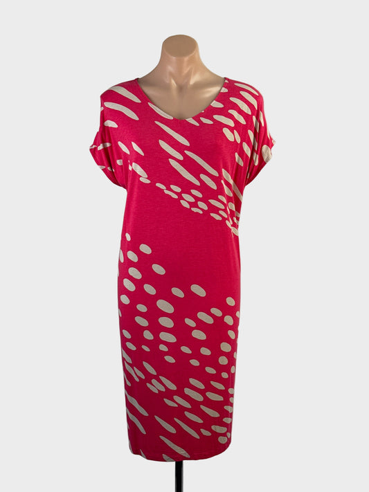 Designer Marimekko pink jersey shift dress with abstract spot print, v-neck and dolman sleeves for office or smart casual.