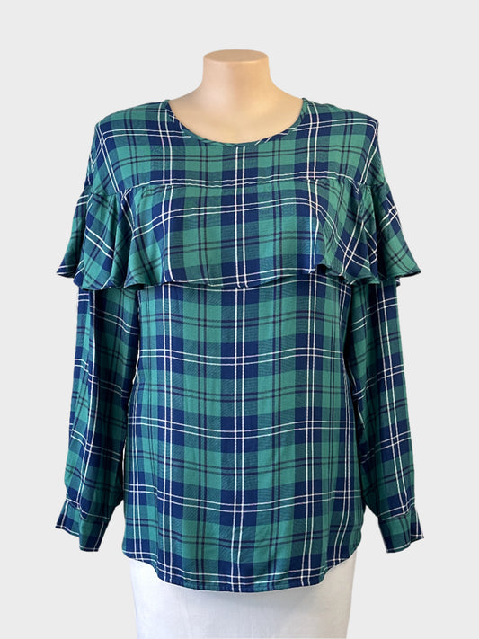 Designer Marina Rinaldi long sleeve tartan smock top with flounced yoke and keyhole back for smart casual or office wear
