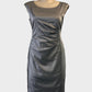 Mariposa shift dress in pewter satin with scoop neck and pleated draping for evening or formal wear.