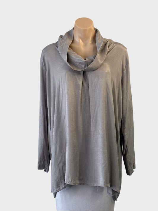 Designer Masai top in grey with cowl neck, long sleeves, front pleat and curved hem for smart casual wear.