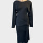Designer Masquerade backless dress in black jersey with draped sash for evening or formal wear.