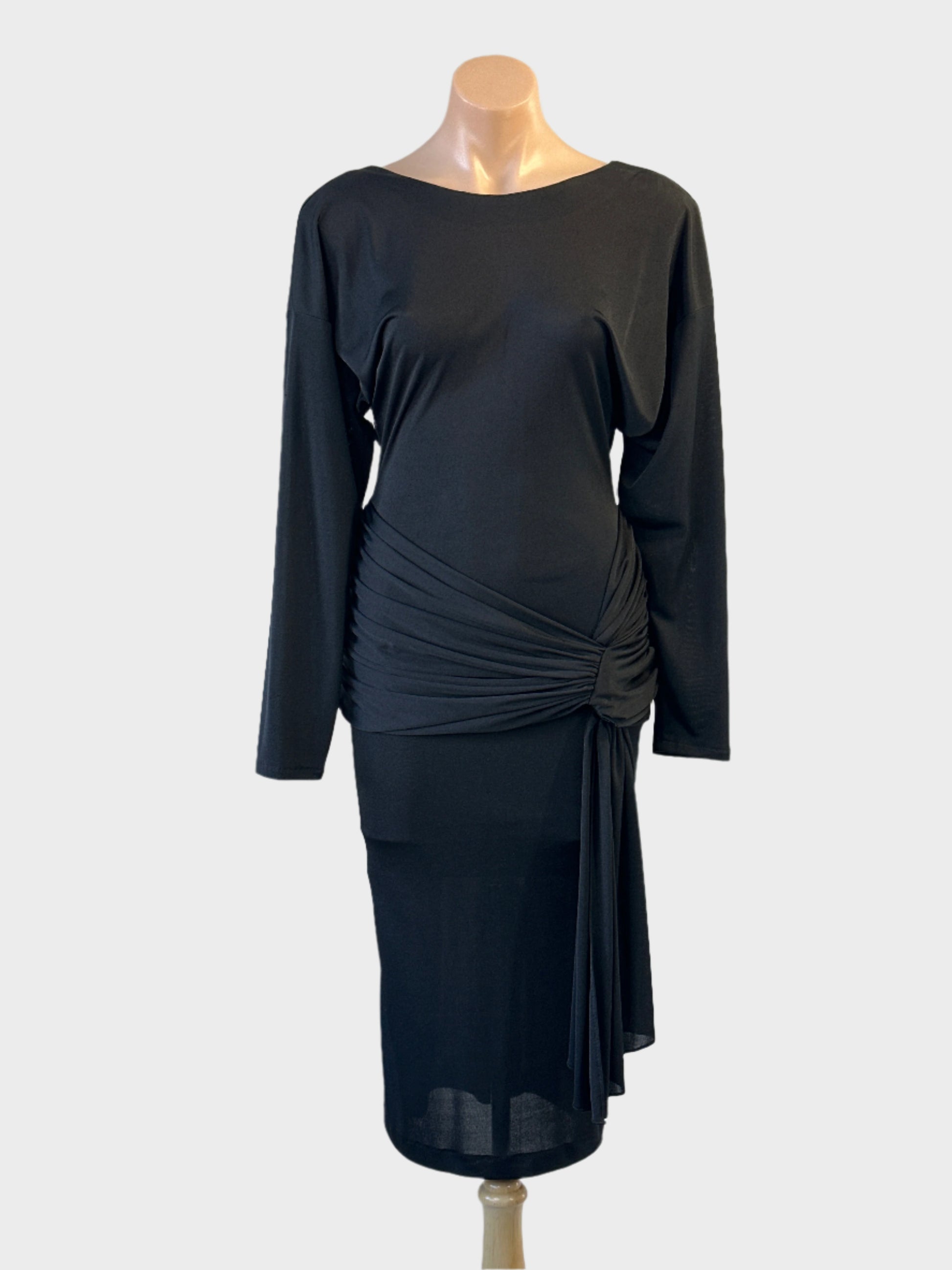 Designer Masquerade backless dress in black jersey with draped sash for evening or formal wear.